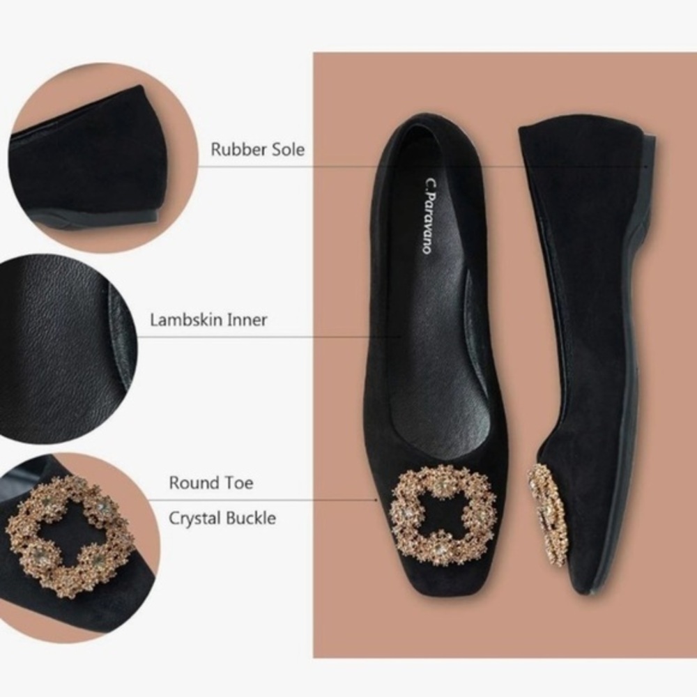 C. Paravano Black Suede Flats EU 40 – Swarovski Rhinestone Buckle, Ballet Flats